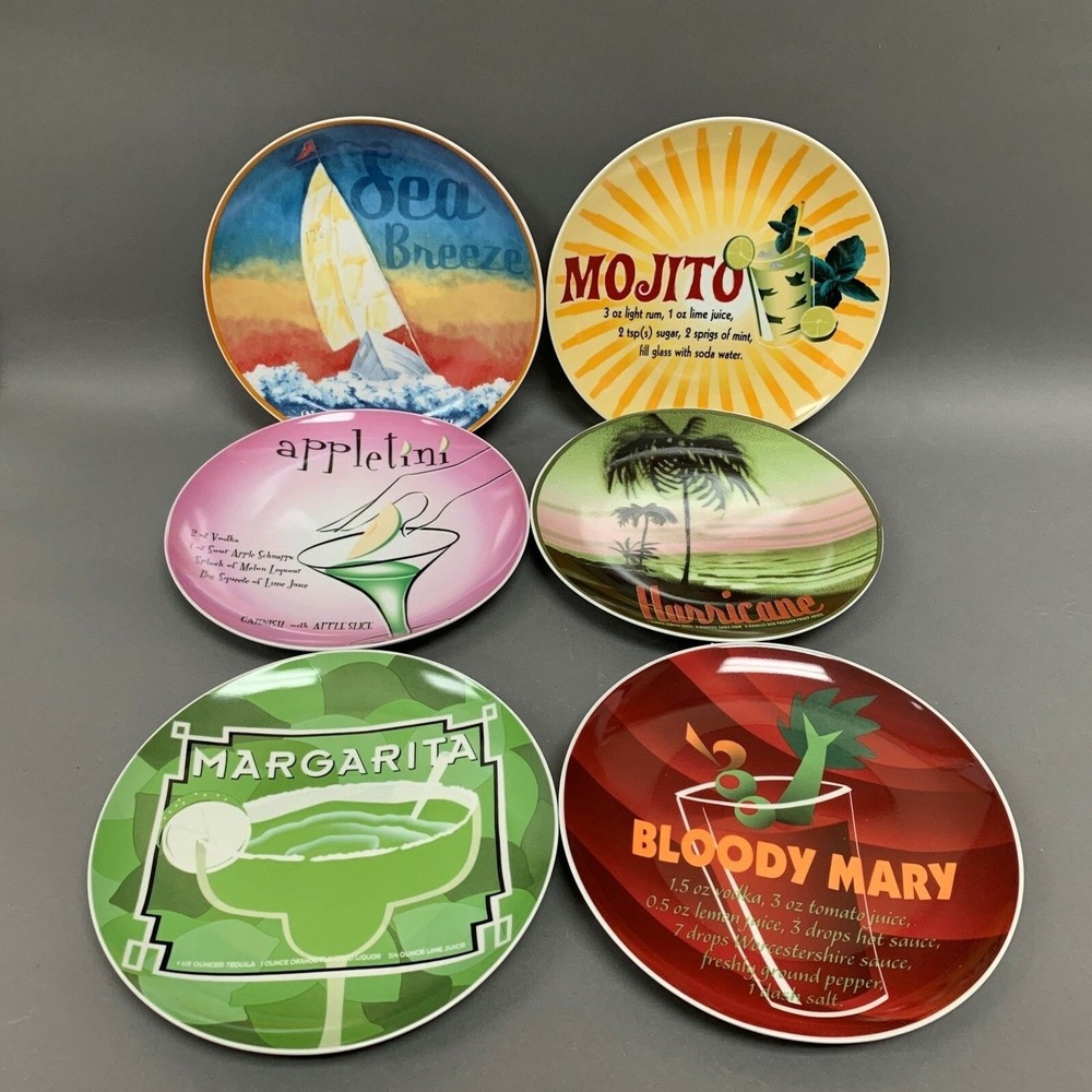 Retro‎ Barware Assorted  Plates with Drink Cocktails Recipes 8 3/8" Lot of 6